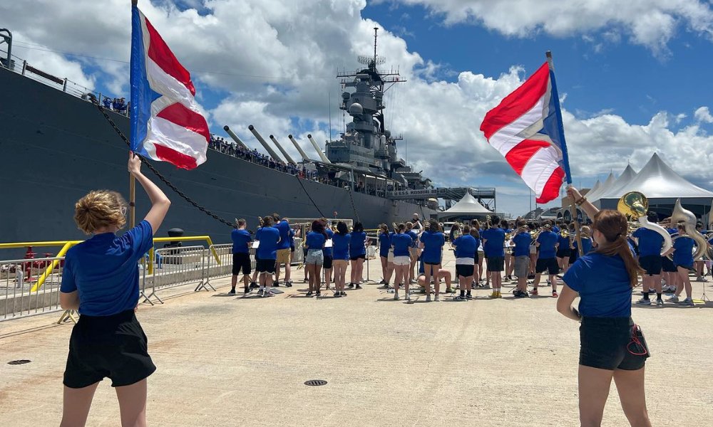 nixaschools's tweet photo. The @nixabands traveled to Honolulu, Hawaii with 160 students and 60 chaperones and family members. ☀️ This provided a performance opportunity at Pearl Harbor alongside the USS Missouri as well as an exploration of the Hawaiian culture. 🌴 https://t.co/eIHfNm42lY