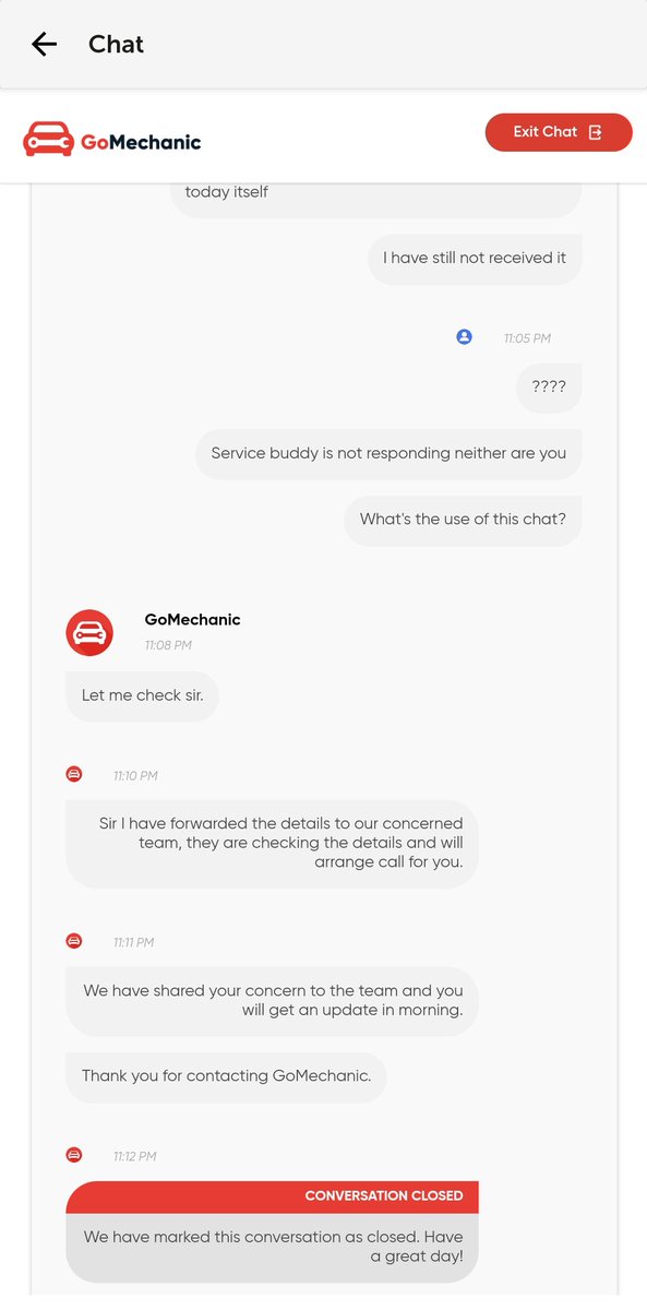 nks2811's tweet photo. @GMEscalations I reported it to the chat support and this is what I received. My car is out at an unknown garage and @gomechanicindia does not even bother to update me or contact me. Extremely bad service. https://t.co/qocX96l3oY
