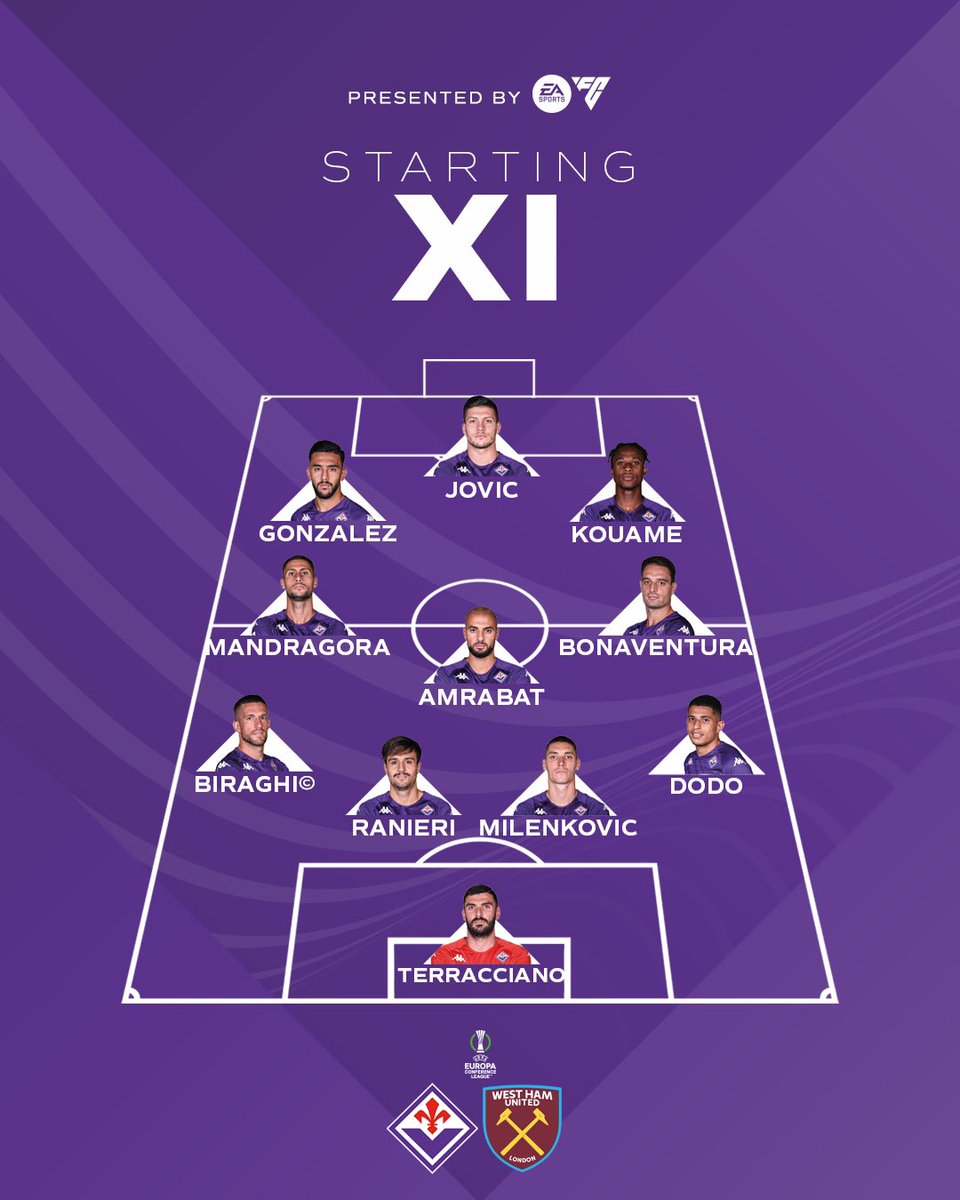 Our starting XI to face West Ham ⚜️

Powered by EA SPORTS FIFA

#ForzaViola #forzaviola #fiorentinawestham #UECLfinal