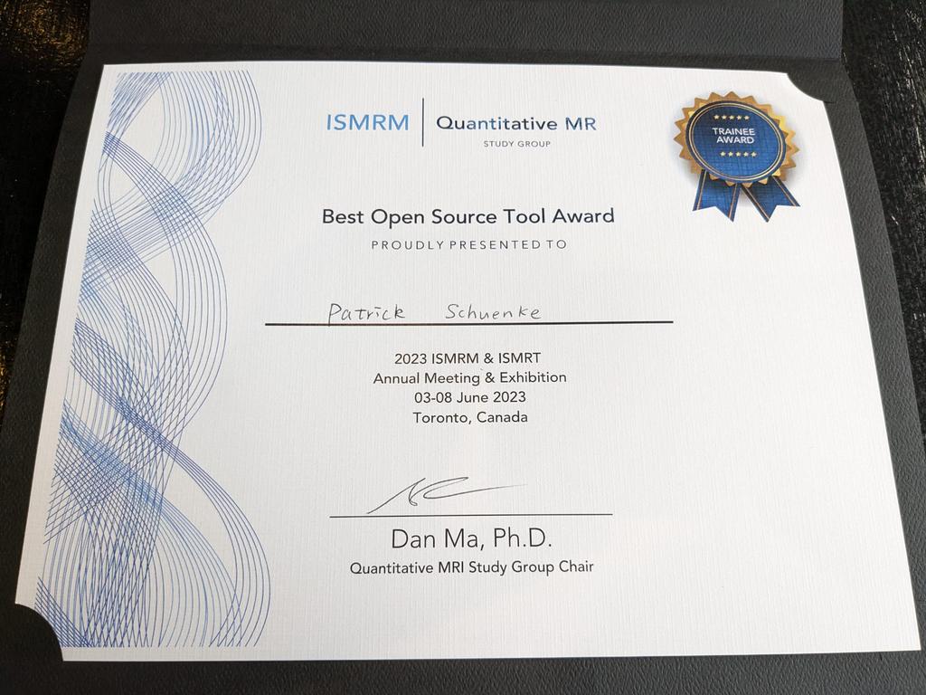 The open source CEST tool 
pulseq-cest.github.io
just got an #ISMRM qMRI award received by Patrick Schünke👏👏👍
