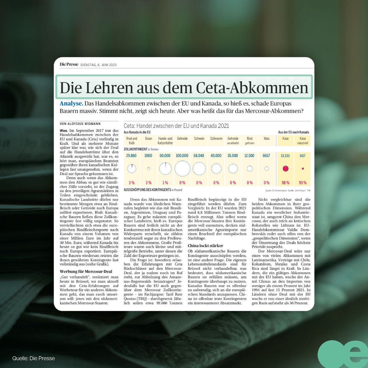Auch CETA - das Handelsabkommen mit Kanada - stieß, wie jetzt #Mercosur auf massive Ablehnung. Gezeigt hat sich jedoch: Es hat den heimischen Landwirt:innen viel mehr genutzt als geschadet. Mehr dazu im Artikel: