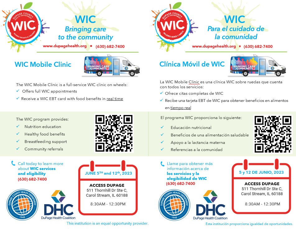 We are working with the DuPage County Health Department to bring the WIC mobile clinic to our offices on June 12th, we look forward to seeing you!