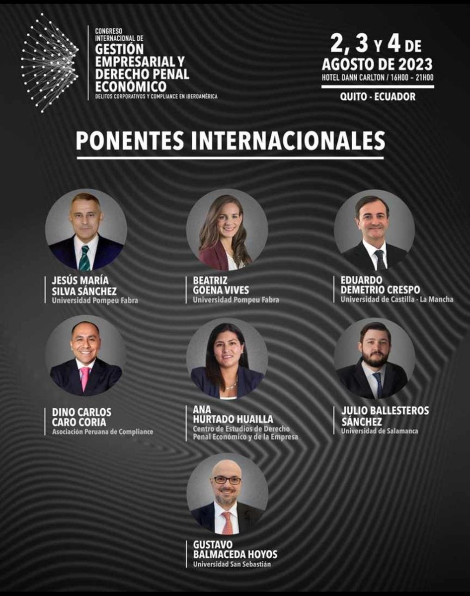 ocotsalamanca's tweet photo. Evento de lujo en 🇪🇨🇪🇨🇪🇨.

Congreso Internacional “Gestión Empresarial y Derecho Penal Económico: Delitos corporativos y Compliance en Iberoamérica” a realizarse en Quito-Ecuador el 2, 3 y 4 de agosto de 2023.

Abierto el plazo de matrícula: 

https://t.co/TwjcQjLxUY https://t.co/bnMV7X7Vhy