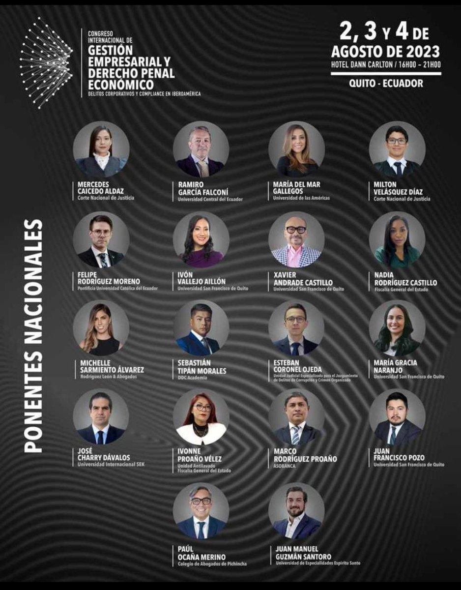 ocotsalamanca's tweet photo. Evento de lujo en 🇪🇨🇪🇨🇪🇨.

Congreso Internacional “Gestión Empresarial y Derecho Penal Económico: Delitos corporativos y Compliance en Iberoamérica” a realizarse en Quito-Ecuador el 2, 3 y 4 de agosto de 2023.

Abierto el plazo de matrícula: 

https://t.co/TwjcQjLxUY https://t.co/bnMV7X7Vhy