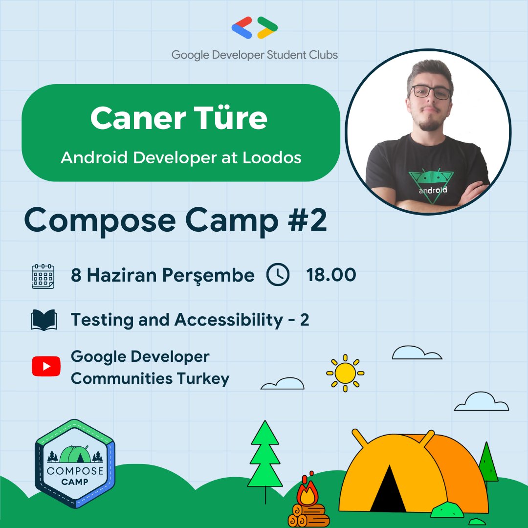 Compose Camp #2 eğitimimiz devam ediyor 🥳

Caner Türe'nin anlatımıyla Testing And Accessibility - 2  konusunu ele alacağımız eğitimimize hepinizi bekliyoruz 🤩

🗓️8 Haziran Perşembe saat 18.00’de Google Developer Communities Turkey YouTube kanalındayız

Takipte kalmayı unutma 🚀