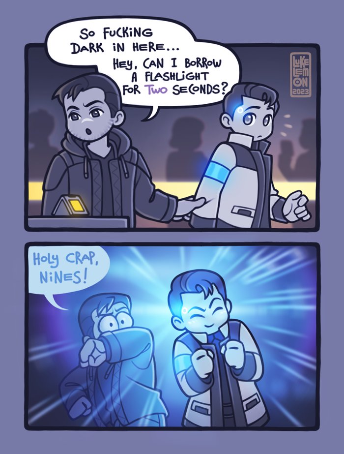 #48 
Meanwhile these two continue to bond and Nines literally
shines bright like a diamond ✨💙

(you can find this webcomic on AO3 - just search “Love, Sad + Robots”)
#detroitbecomehuman #dbh #gavinreed  #RK900   #reed900 #reed1700