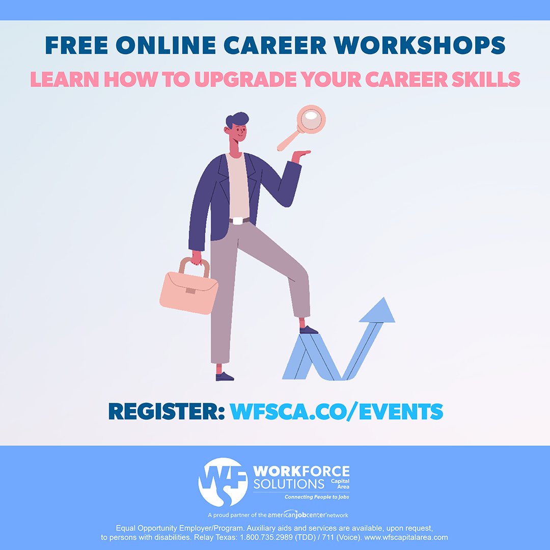 It's time to upgrade your career skills! 💪

Join us virtually for career workshops:
✔️ Biweekly
✔️ Career exploration
✔️ Networking prep
✔️ And more!

Learn more + sign up: wfsca.co/events

#atx #austintexas #austinjobs #jobsearch #careersearch #nowhiring #newjob