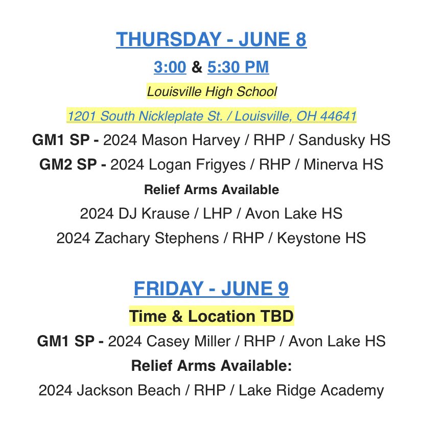 .<a href="/T3_Warhawks/">T3 Warhawks</a> 17U (Nordquist) kicking off 2023 this weekend in Northeast Ohio at the Future Prospects Showcase! 

PITCHING ROTATION BELOW ⬇️
