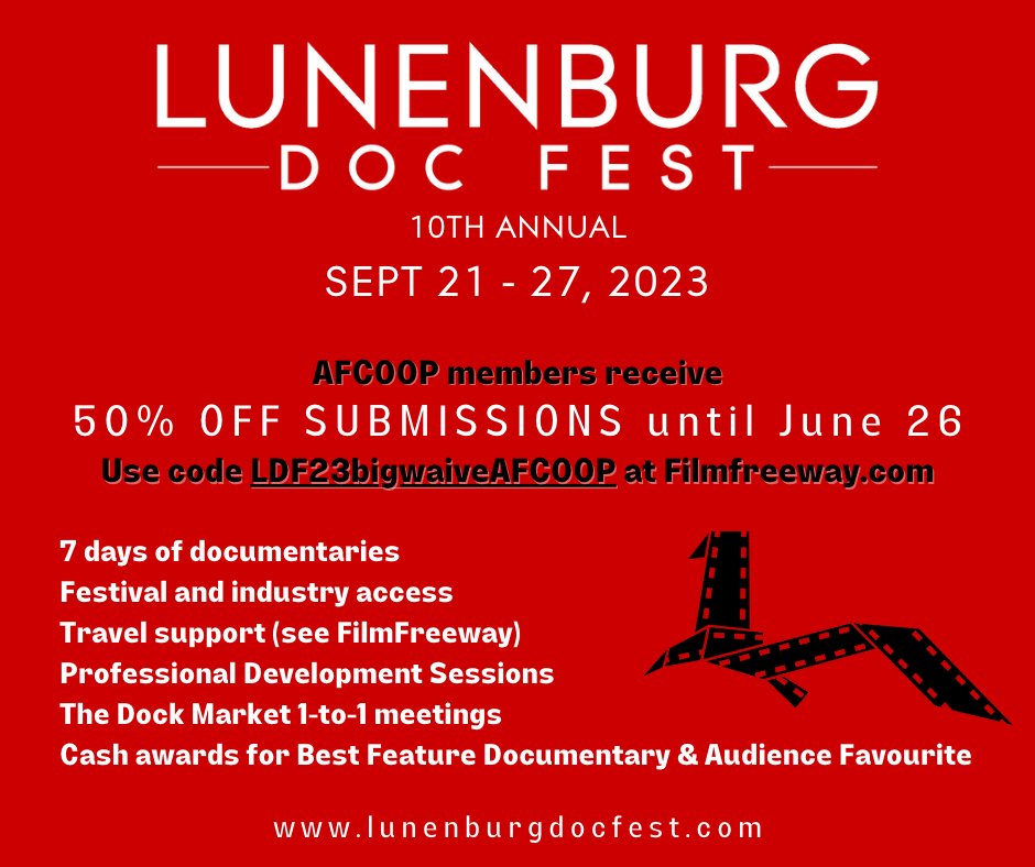 AFCOOP's tweet photo. AFCOOP members! @LunenburgDocs is offering you a 50% discount to submit your film to the fest before the June 26 deadline.

Submit on @FilmFreeway using the code below. https://t.co/ZHsa4BXeT7