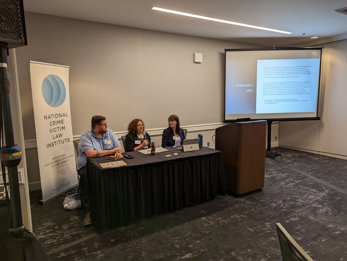 NCVLI's tweet image. Kazi Huston and Emily Tofte Nestaval from @RMvlc_Colorado discuss how to address systemic violations at the 2023 Crime Victim Law Conference #victimlawconf #victimsrights