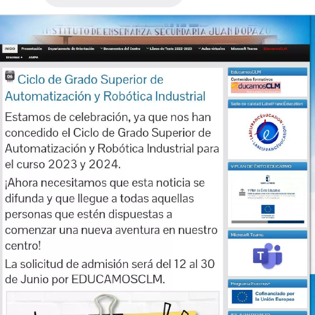 IesClavero's tweet photo. Al IES Juan d'Opazo de Daimiel le han concedido el Ciclo de Grado Superior de Automatización y Robótica Industrial.
Por si a alguno de los alumnos de 2º Bachillerato le interesa... https://t.co/lTlbt9RF9M