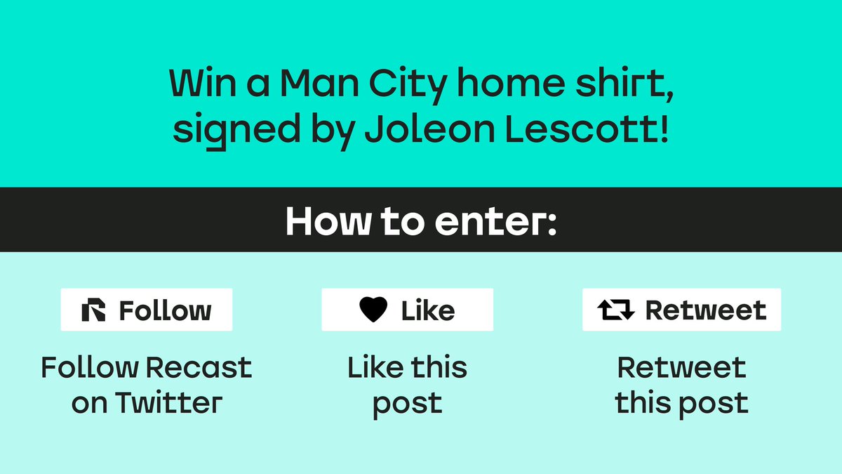 RecastTV's tweet photo. ⭐ Man City Shirt Giveaway! ⭐

To celebrate our publisher @ManCity's phenomenal season, we're giving away a 2022/23 home shirt, signed by City favorite @JoleonLescott  

To enter:
1. Follow Recast on Twitter
2. Like this post
3. Retweet this post https://t.co/z91ObSX9jl
