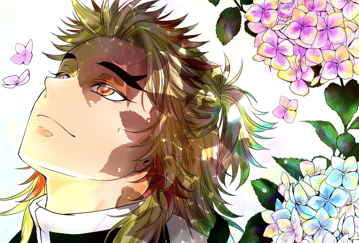 rengoku kyoujurou 1boy male focus solo flower blonde hair red hair forked eyebrows  illustration images