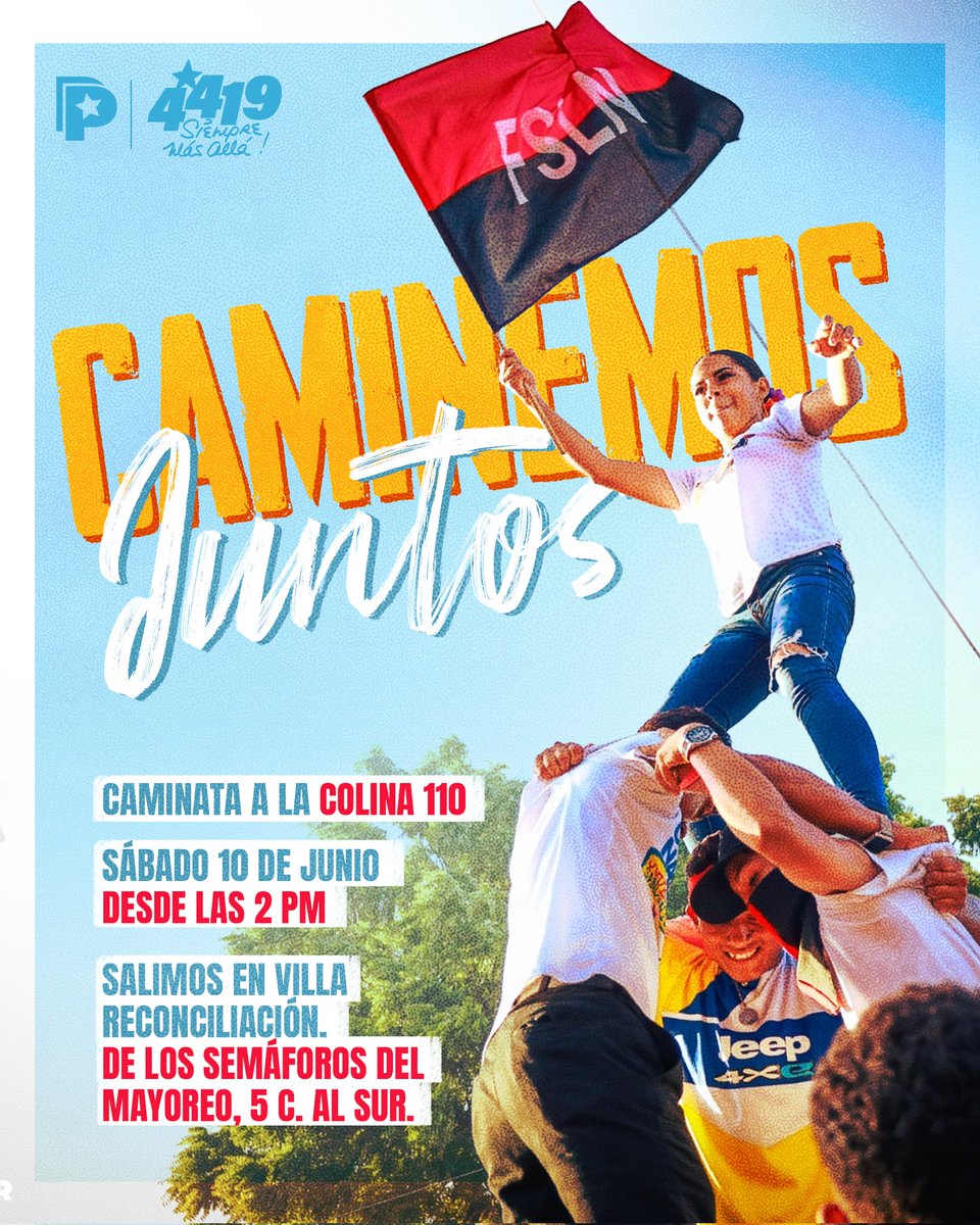¡Este sábado 🔟 de junio participamos todos en la Caminata a la Colina 110!🇳🇮🔴⚫

Únete a nosotros en la caminata 🏃‍♂️ "Victorias d la Paz 🕊" y recorramos juntos este sitio histórico. Iniciará a las 2️⃣:0️⃣0️⃣pm, punto d salida Villa Reconciliación, "44/19 Siempre Más Allá"❤🖤