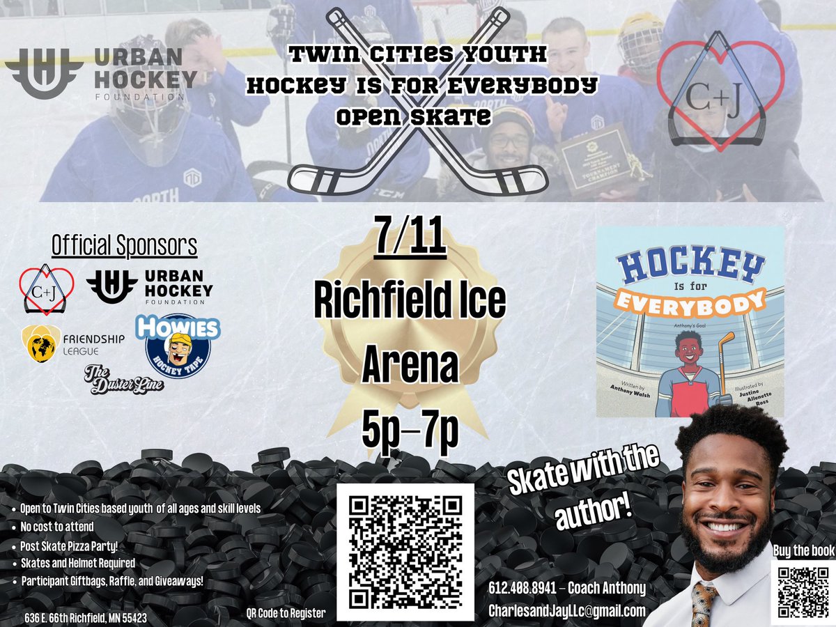 ⛸️🍕📚come skate and eat pizza 7/11 at Richfield Ice Arena 5-7pm!
Please share amongst your networks!
Use QR to RSVP!
See you there!⭐️
If you’re an individual or company that wants to donate to the raffle please email: charlesandjayllc@gmail.com
Or message:
612-408-8941
#skating