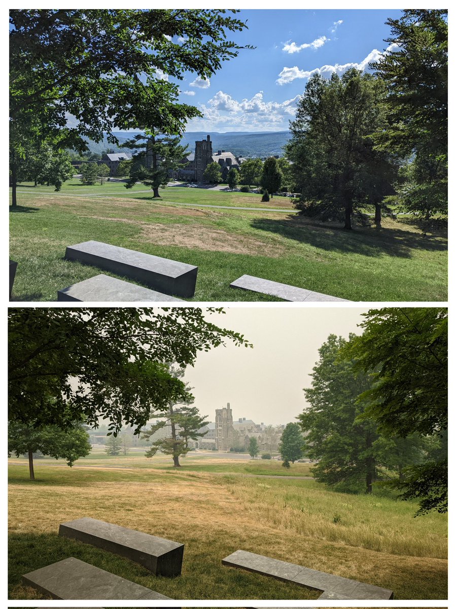 MerKhaiBurch's tweet photo. Pictures from around the Cornell campus last August compared to today. #Smoke from the fires in Canada is making the air around Ithaca and NY State hazardous (according to AirNow). https://t.co/4qRcUEjHeH