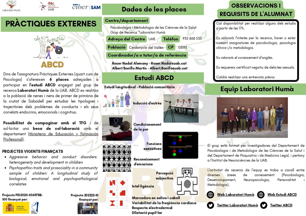 LabHumaUAB (@labhumauab) on Twitter photo ✅ALUMNAT DE PSICOLOGIA UAB DE TERCER!
Estàs interessada/interessat en fer el proper curs acadèmic les PRÀCTIQUES EXTERNES en un laboratori ?
Departament #Psicobiologia i #Metodologia
@FPsicologiaUAB
Tutoritzen: Albert Bonillo <a href="/RoserNadal/">Roser Nadal</a>
#infantojuvenil
#executives
#estrès ✅ALUMNAT DE PSICOLOGIA UAB DE TERCER!
Estàs interessada/interessat en fer el proper curs acadèmic les PRÀCTIQUES EXTERNES en un laboratori ?
Departament #Psicobiologia i #Metodologia
@FPsicologiaUAB
Tutoritzen: Albert Bonillo <a href="/RoserNadal/">Roser Nadal</a>
#infantojuvenil
#executives
#estrès