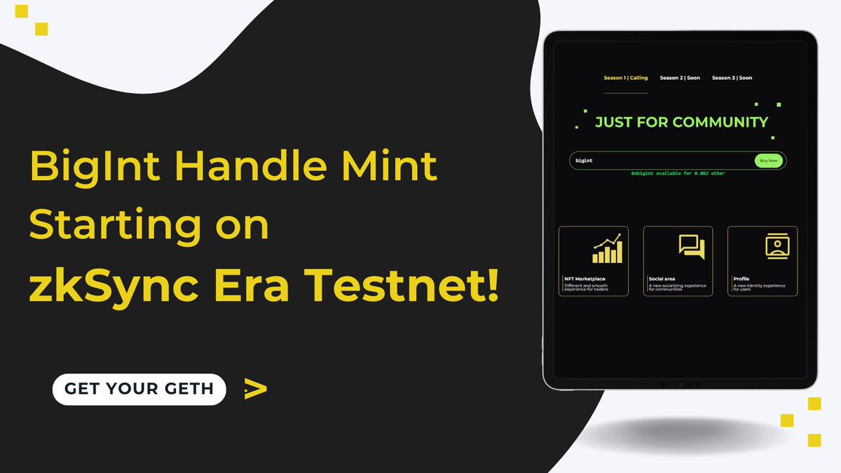 BigInt Handle Mint starting on Zksync ERA testnet!

Top 100 participants with the most ref and 50 randomly selected participants will mint FREE from our launch on the mainnet!

For Goerleth : bigint.co/faucet
For Handle : bigint.co