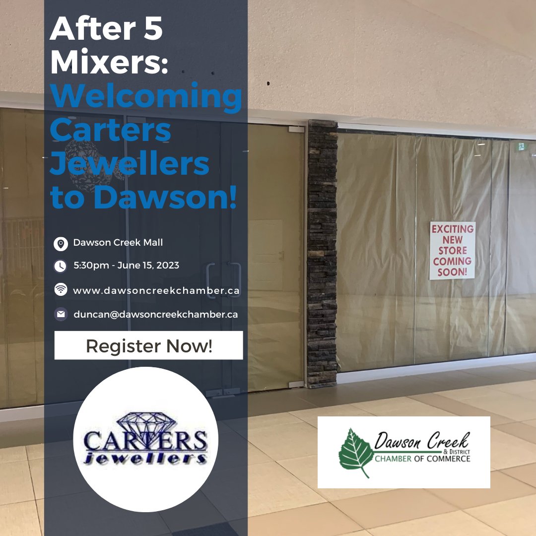 dcchamber01's tweet photo. We are fired up to welcome a great new business to Dawson Creek! Stop by on June 15th, 2023 to learn more about Carters Jewellers! Join for a chance to win a door prize valued at $500! https://t.co/KfqcjILkvh