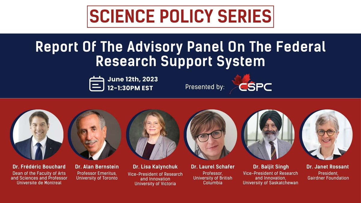 sciencepolicy's tweet image. Don&apos;t miss this panel discussion on the Report of the Advisory Panel on the Federal Research Support System on June 12th, 2023 at 12-1:30 pm EST: 

sciencepolicy.ca/event/report-o… 

#SciPol #FederalSystem
