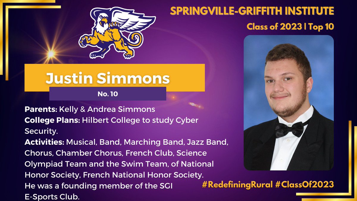 SpringvilleGrif's tweet photo. We are counting down to graduation! We begin our celebration of the SGI Class of 2023 Top 10 with No. 10, Justin Simmons, son of Kelly and Andrea Simmons. Justin will attend Hilbert College to study Cyber Security.

#RedefiningRural #SGIStrong #ClassOf2023 https://t.co/ce7EJZlZIt
