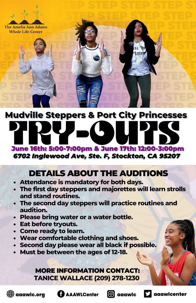 aaawlcenter's tweet image. Are you between the ages of 12-18 and interested in joining a step team? We're hosting tryouts on June 16 &amp;amp; 17 at #AAAWLC for the Mudville Steppers &amp;amp; Port City Princesses! Details on the flyer. Need more info? Contact Tanice Wallace at (209) 278-1230.

#stepteam #auditions