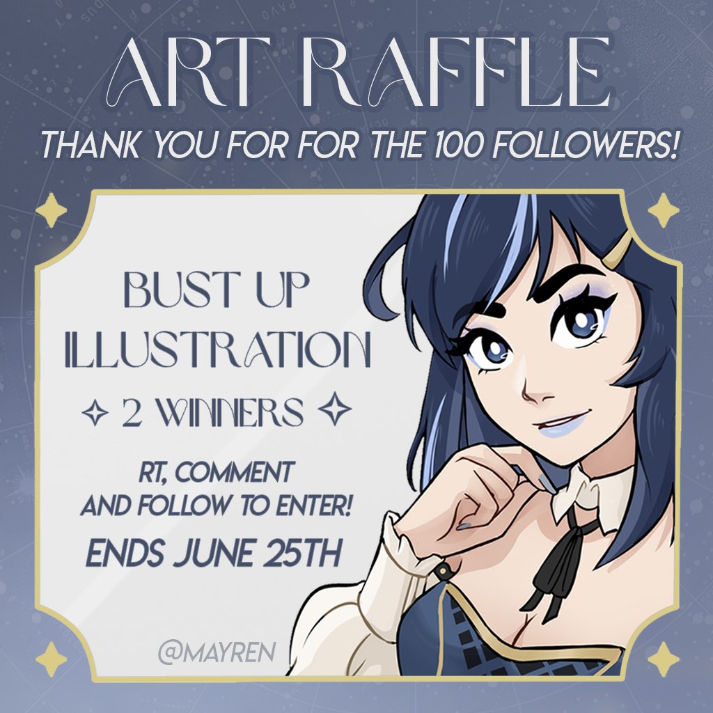 ART RAFFLE ‧₊˚✩彡

Thank you for 100 followers on twitter and twitch! I'm hosting this raffle to celebrate! ✧ 2 winners!

Entry;
✧Be a follower
✧Like and rt this post
✧Comment your ref!

Ends June 25th ✧ I'll be drawing the prizes on stream 
#artraffle #envtuber #vtuber