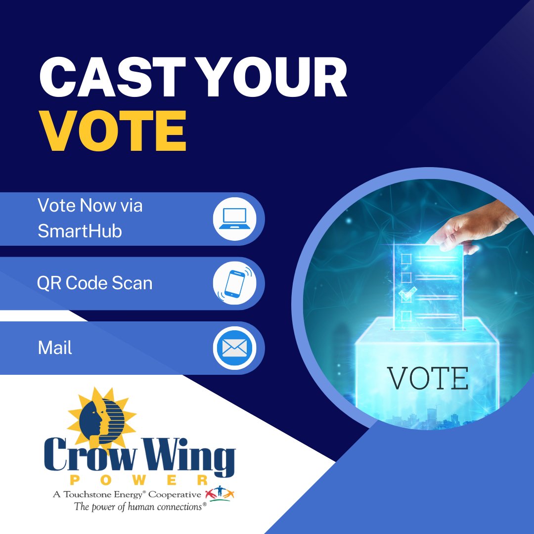 Don't forget to vote! 🗳️ The Crow Wing Power Board of Directors Election ends on June 16th⏳ Scan the code on your envelope and vote electronically or through SmartHub! 📱 Your voice matters as a member of Crow Wing Power. Cast your vote now! 👥 #VoteYourWay