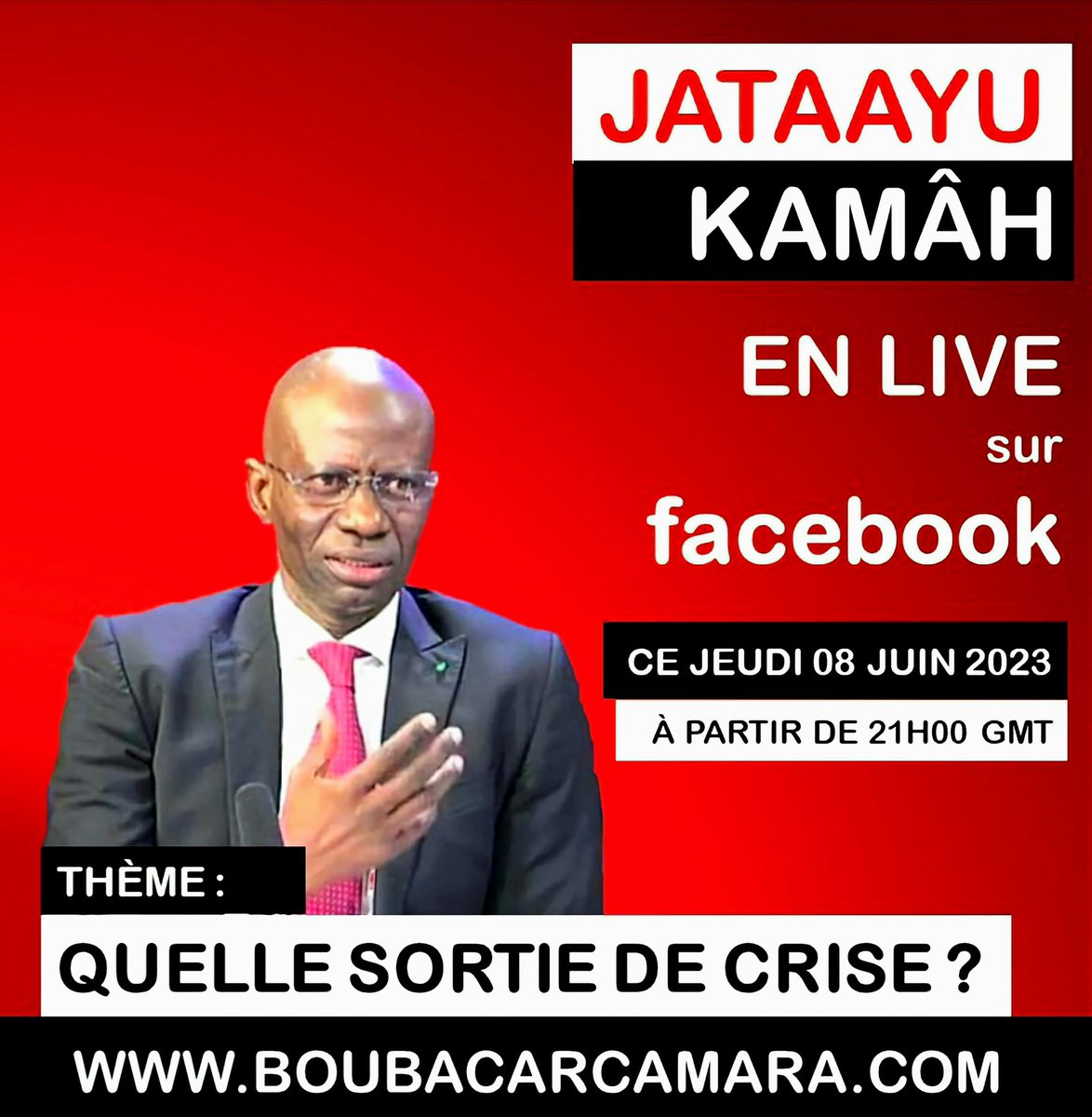 Cher réseau, 
heureux de vous retrouver en LIVE FACEBOOK (JATAAYU KAMÂH) ce jeudi 08 juin 2023 à 21H00 GMT pour : Quelle sortie de crise? 
#Jengu #Tabax #Sénégal #kebetu #sénégalais #senegalaise #livefacebook #Actualité #crise #solution #sortie #JATAAYU #Kamâh