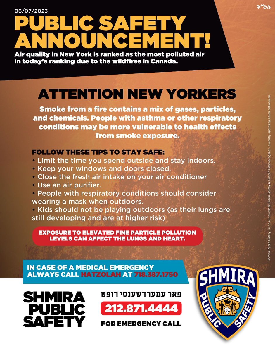 📢 AIR QUALITY ALERT🚨

🌁 Air quality in NY is severely impacted by Canadian wildfires🔥

🚫 Stay Safe Tips:
• Limit outdoor time, stay indoors.
• Close windows & doors.
• Use air purifier.
• Wear masks if you have respiratory conditions.
• Keep kids indoors (higher risk).…