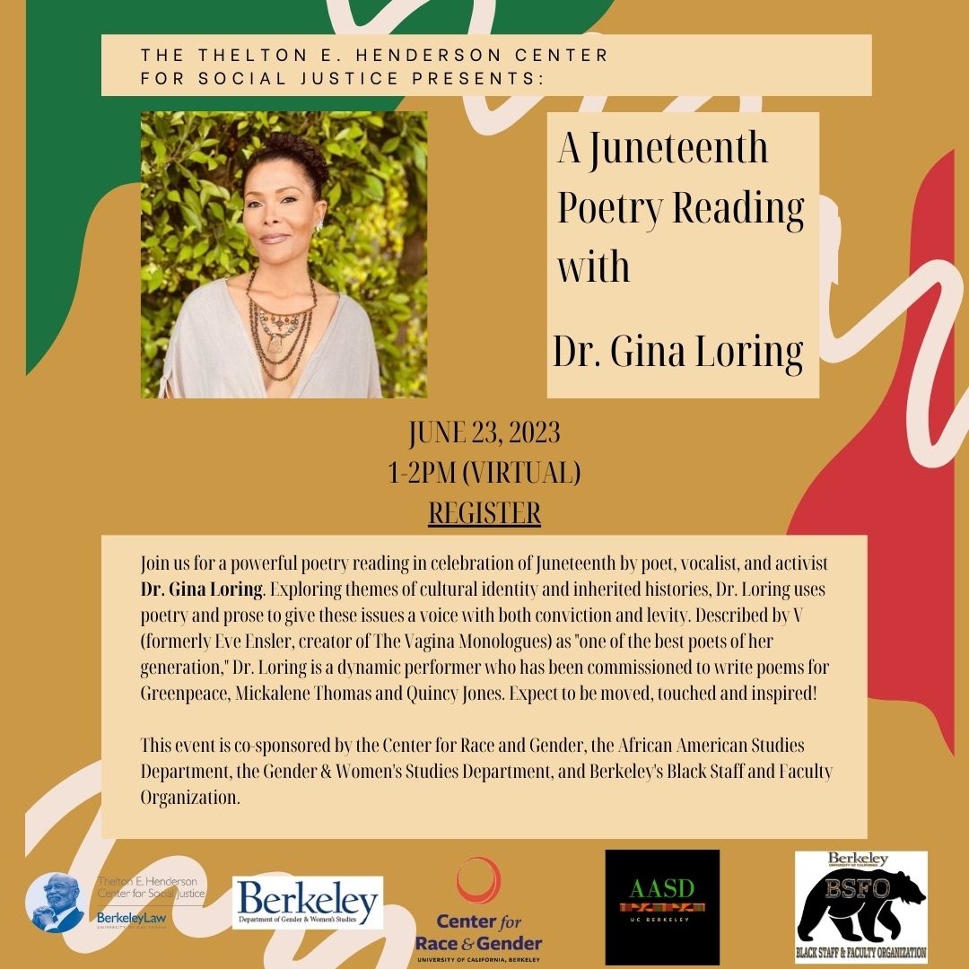 Please join us for a celebratory Juneteenth poetry reading with Dr. Gina Loring on June 23 from 1-2pm, over Zoom! Register at the link in bio 💫