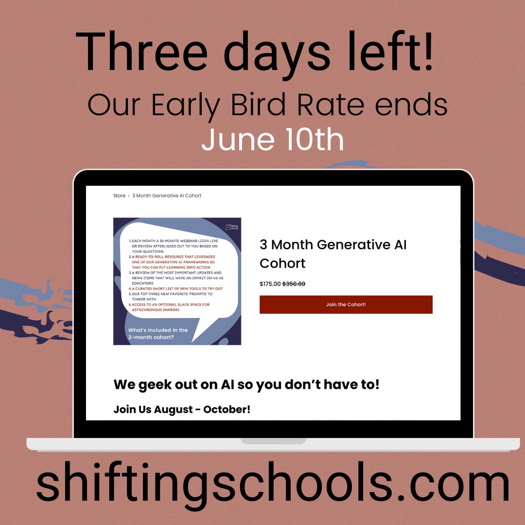 Ready to  learn about our 3 month #generativeAI cohort?

Early bird rate ends soon!

shiftingschools.com/store-2/p/3-mo…