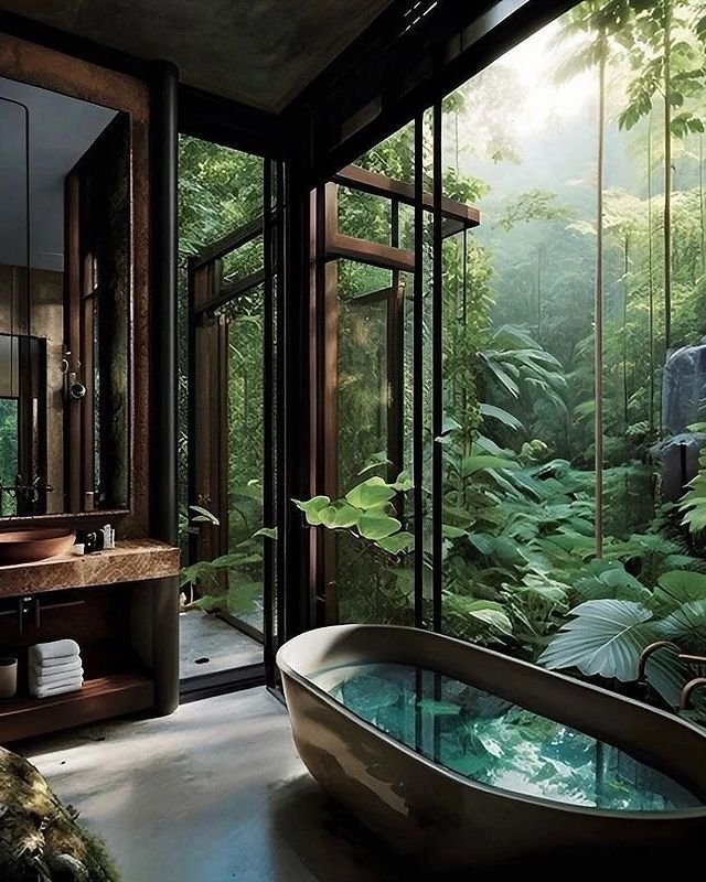 Bathroom with forest view