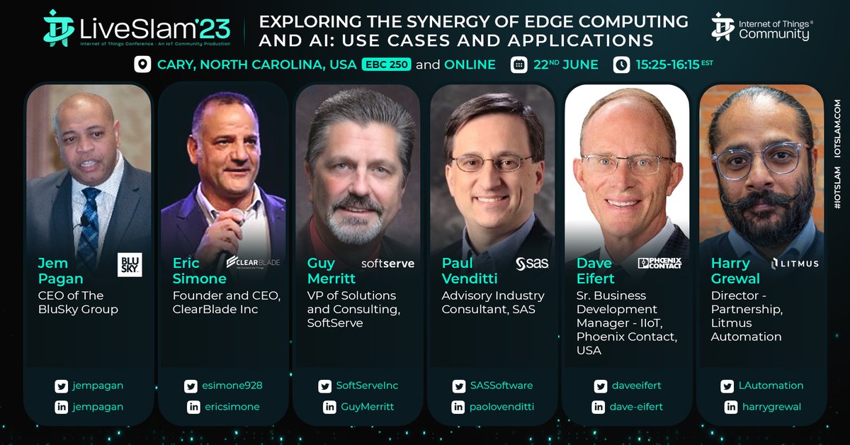 Two weeks to go before our IoT Slam Live 2023 #CECoE Panel: Exploring the Synergy of Edge Computing & AI. Join @ClearBlade, @SoftServeInc, @PhoenixContact, @SASsoftware, The BluSky Group & @LAutomation June 22, Live SAS HQ, Cary
iotslam.com/session/explor…
#IoTCommunity #IoTSlam #IoT