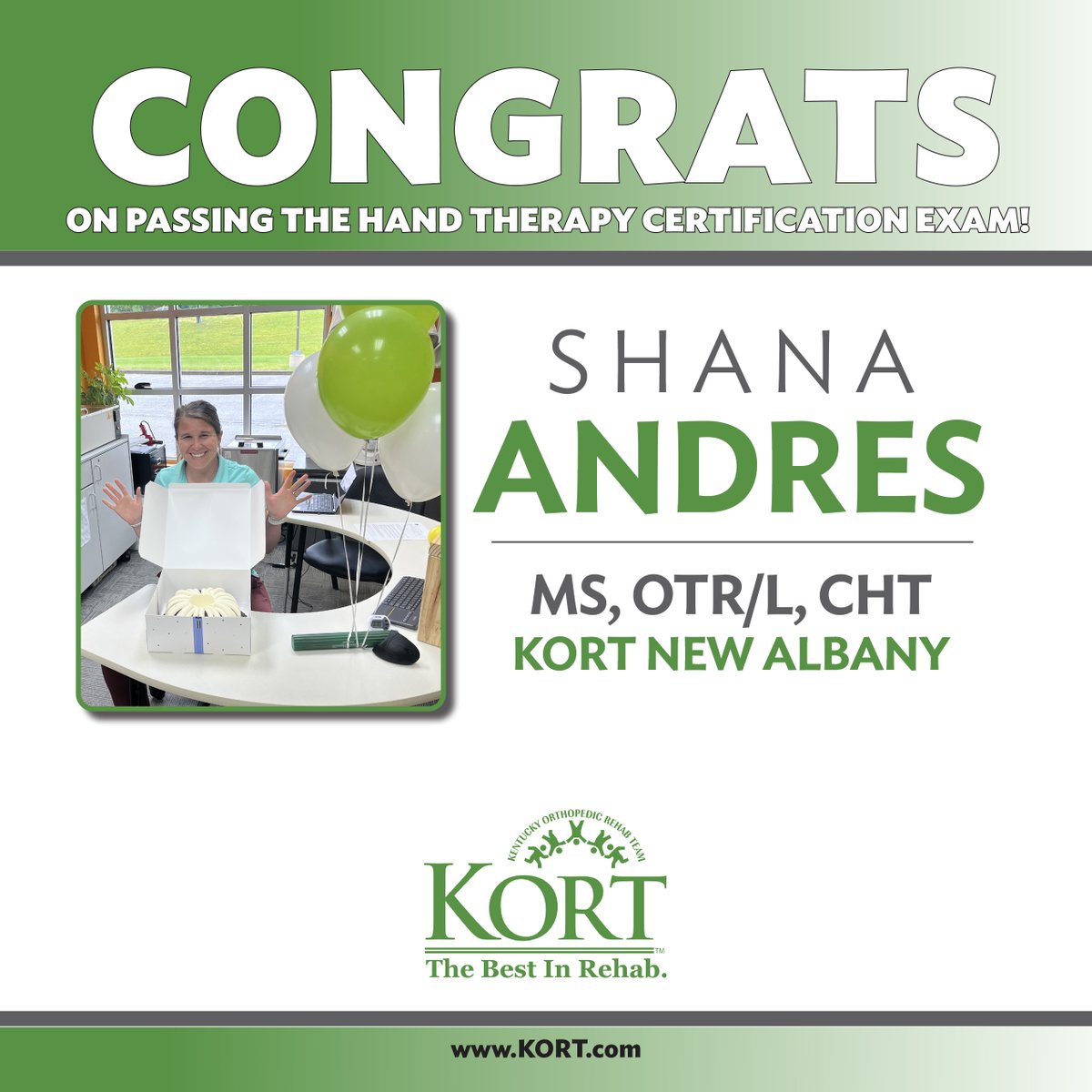 KORTPT's tweet photo. Congratulations to Shana Andres, MS, OTR/L, CHT, on her commitment to professional excellence in hand therapy! Shana recently passed her Hand Therapy Certification exam to become a Certified Hand Therapist.
#bestinrehab #HTW2023 https://t.co/l3eZCQwhsZ