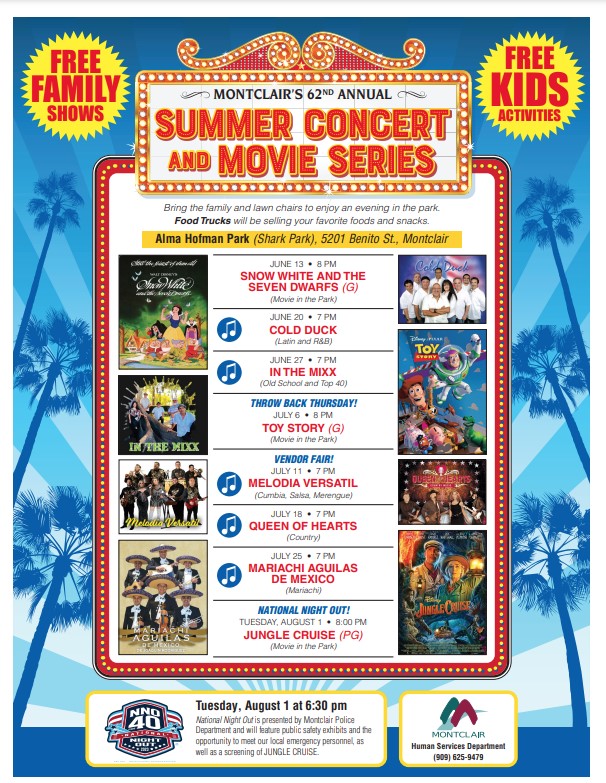 Hola Hawthorne,

¡Esperamos que estén disfrutando de su verano!

¡Vengan y disfruten de una noche en el parque, en la serie de películas y conciertos de verano de la ciudad de Montclair! Consulte el folleto para  más detalles.

¡El primer día a Hawthorne es 9 de agosto!