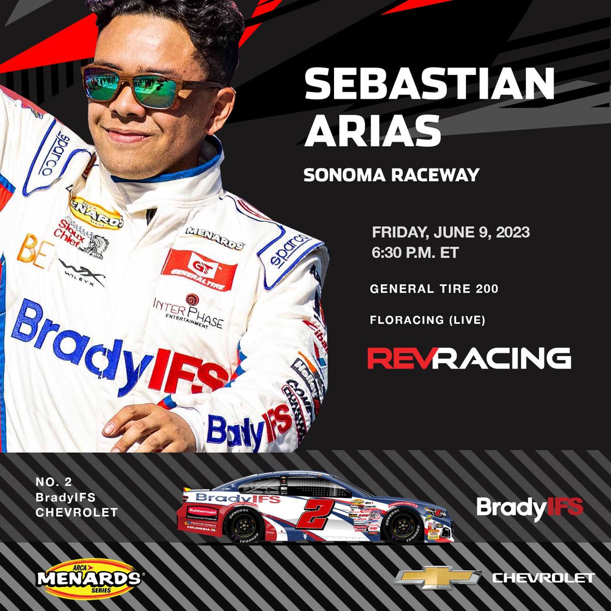 RevRacin's tweet photo. .@SebastianAriasO is making his debut with Rev Racing this weekend @RaceSonoma 

📅6.3, 6:30PM ET 
📷 @FloRacing 

Read full release: https://t.co/rkHjwZyu1O

@ARCA_Racing | #TeamChevy https://t.co/lcc0VeNzXC