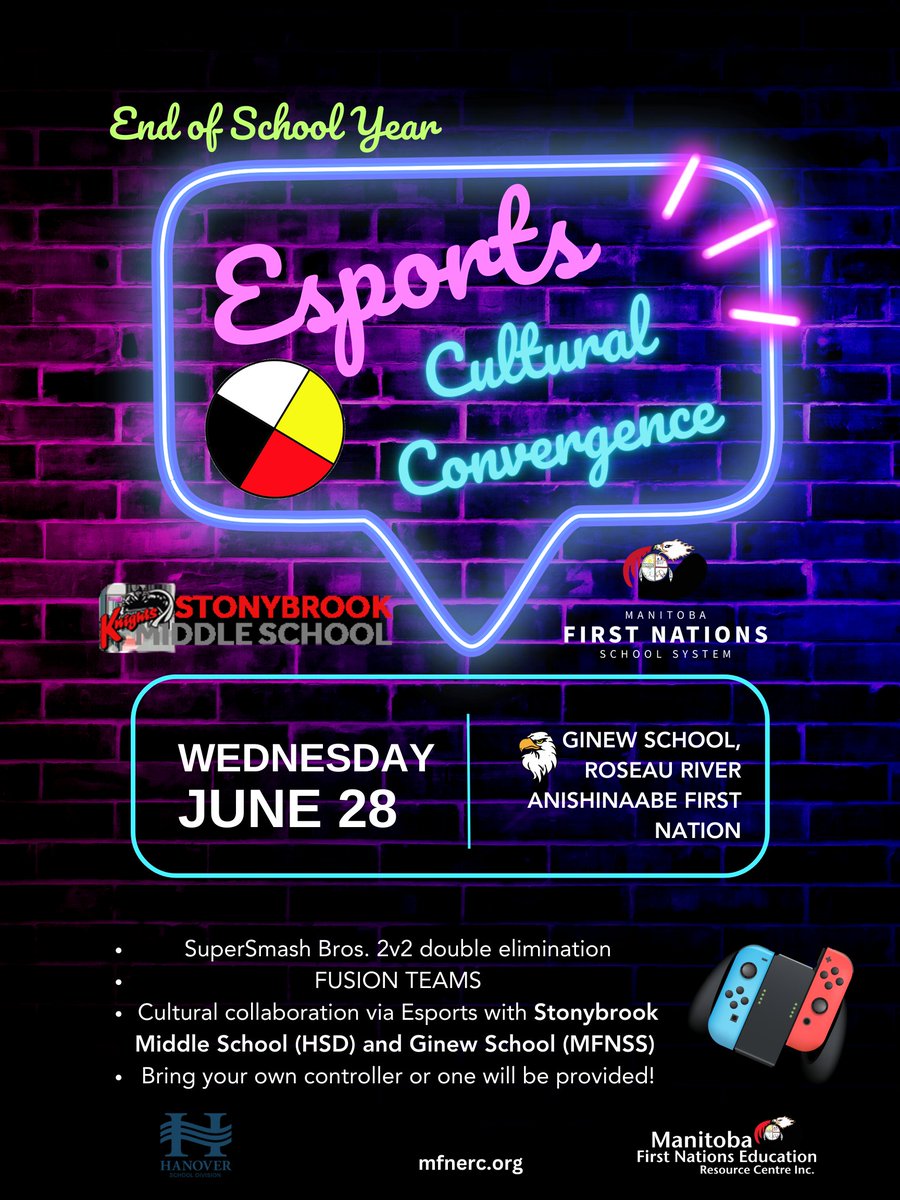 Two MB schools will merge forces in blended teams, to compete in @mfnerc 's first-ever Esports Cultural Convergence on June 28th! @StonybrookHSD will unite with Roseau River Anishinaabe #FirstNation to test their combined mettle in #esportsedu @MSEA_gg and put the…