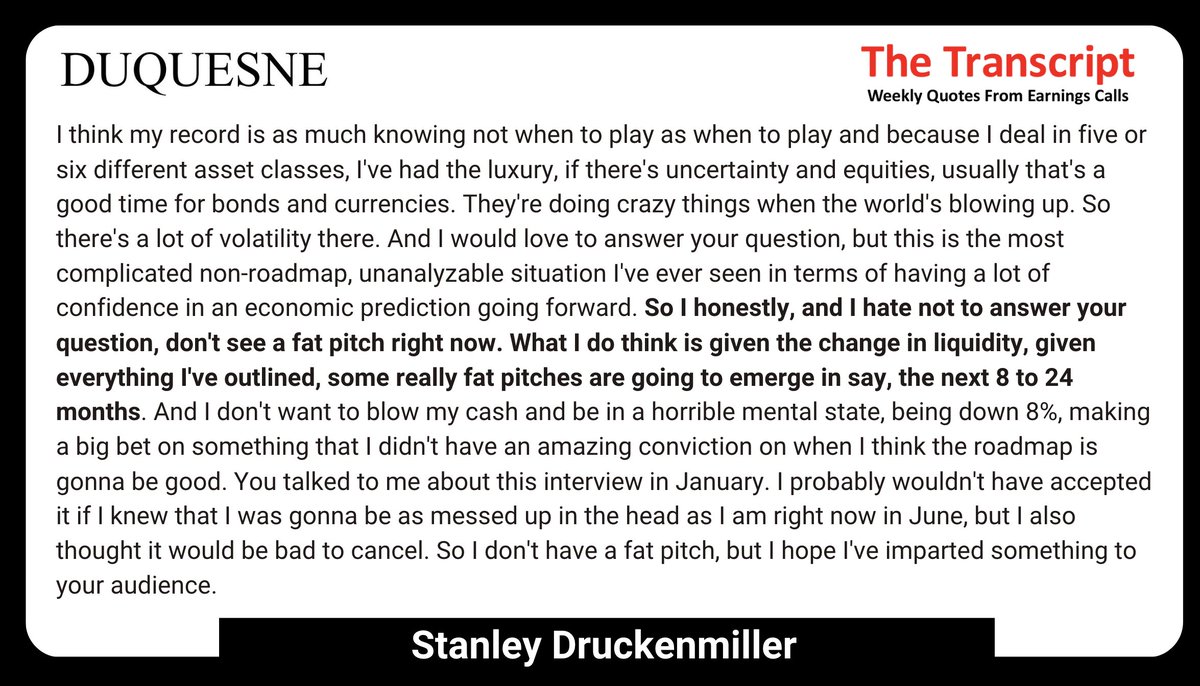 A thread  with key quotes from Druckenmiller at #BloombergInvest:

1. On his current fat pitch:

'So I honestly.. don't see a fat pitch right now. What I do think is...given everything I've outlined, some really fat pitches are going to emerge in say, the next 8 to 24 months'