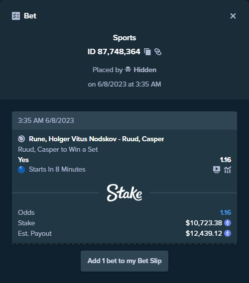stakehighroller's tweet photo. ALERT: New high roller bet posted!
A bet has been placed for $10,723.38 on Rune, Holger Vitus Nodskov - Ruud, Casper to win $12,439.12.
To view this bet or copy it https://t.co/vtxWf5Yhq8 https://t.co/ZJJhnra9Qx