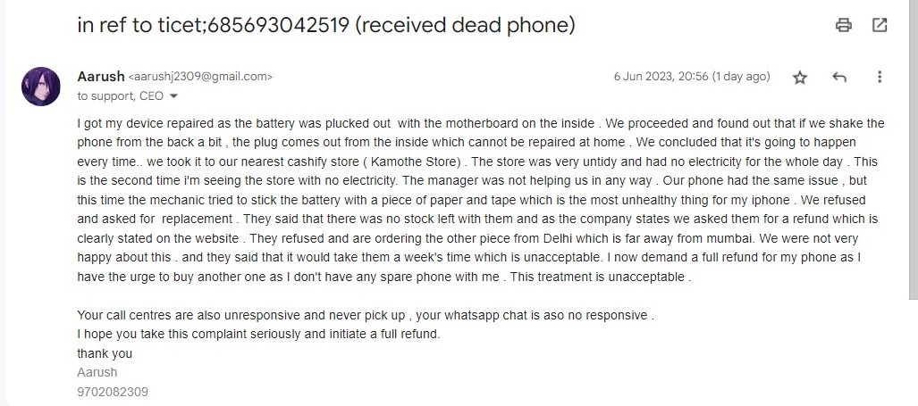 Rahulbj199's tweet image. @Cashify_  #cashifyscam #cashifyworst @CashifyBusiness 
the first photo is mail i sent to cvashify which describes what happened at first . I also concluded that there was some internal issue as shown in the second photo
