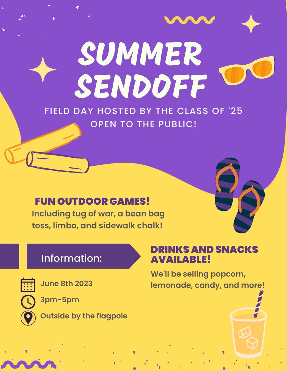Join the HHS Class of 2025 for an end-of-year party from 3 p.m. to 5 p.m. on Thurs., June 8! At the event, students can play tug of war, bean bag toss, limbo and sidewalk chalk. All concessions purchases will go to the Class of 2025. We look forward to seeing you there!