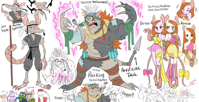 My style of TMNT part 2⸒⸒  Splinter was originally a loyal subordinate of the "rat king", an evil mage and ruler of the rat kingdom, who was planning to massacre humans. rat king is an evil rat who can use magic.