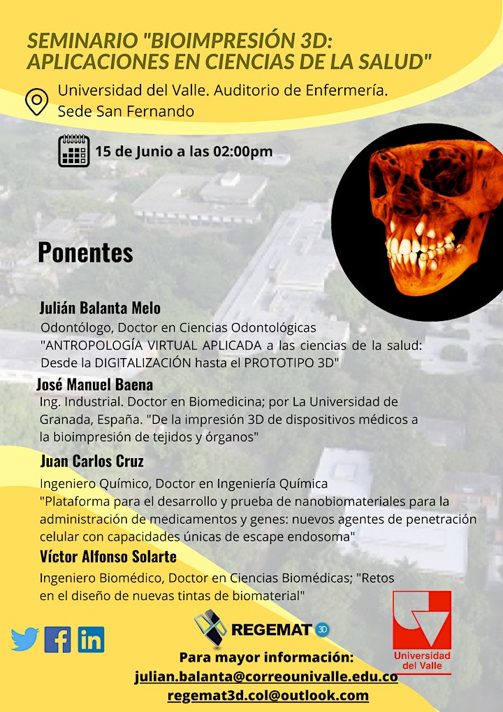 🔝Ya están abiertas las inscripciones a nuestro seminario "BIOIMPRESIÓN 3D: APLICACIONES EN CIENCIAS DE LA SALUD" 🦾🧬🧫🔬 en <a href="/UnivalleCol/">Universidad del Valle</a> 
Si te interesa la bioimpresión y estás en Cali, Colombia 🇨🇴 no te lo pierdas!

Inscripciones aquí👉 lnkd.in/esESHxam