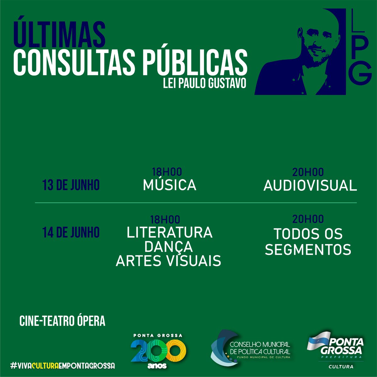 cultura__pg's tweet photo. Nos dias 13 e 14 de junho, no Cine-Teatro Ópera, ocorrem as últimas consultas públicas sobre a Lei Paulo Gustavo. Confira as datas e os segmentos. Participe!
#vivaculturaempontagrossa #pg200 https://t.co/B4UpkUxUQY