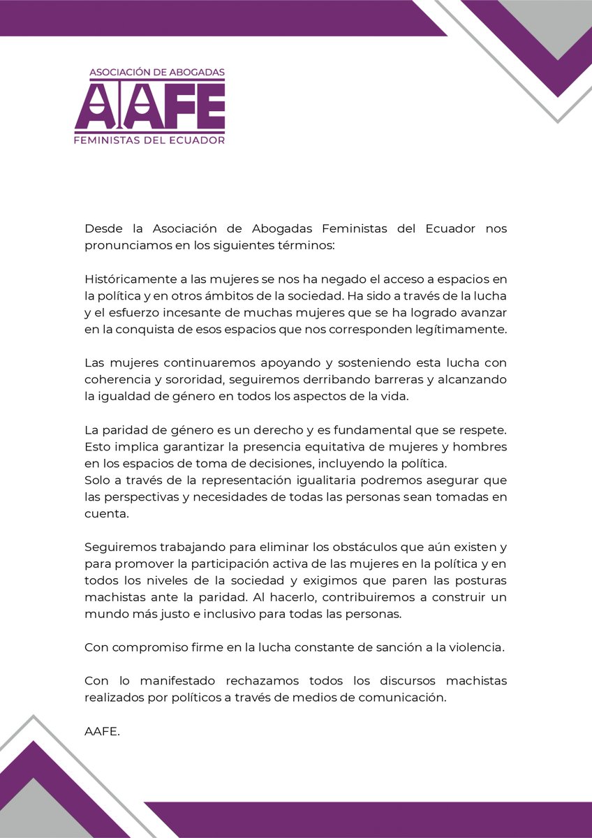 🟣PRONUNCIAMIENTO
Ante las reacciones de políticos ecuatorianos que han mostrado su machismo de manera pública, con el único afán de cuestionar las capacidades de las mujeres para ejercer cargos públicos de toma de decisiones, nos pronunciamos: