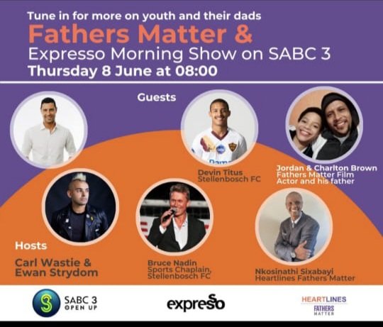StellenboschFC's tweet photo. Devin Titus and sports chaplain Bruce Nadin will join @HeartlinesZA on the @ExpressoShow tomorrow for an important 'Fathers Matter' conversation.

📺 Tune in to SABC3 at 08h00.

#StellenboschFC #ProudlyStellenbosch 🍇 https://t.co/cWamIsUhEo