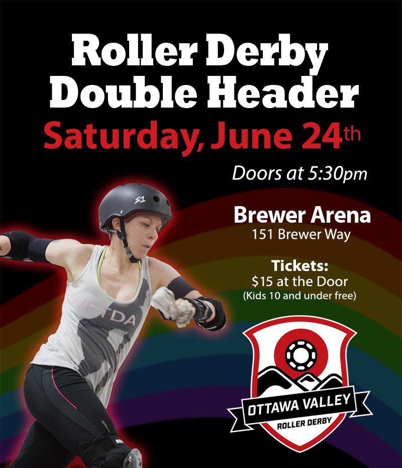 Tickets to our double header of full-contact #RollerDerby on Saturday, June 24 at Brewer Arena will be available at the door. Just $15 for 2 games! Kids under 10 get in FREE!
ottawavalleyrollerderby.com/2023/06/05/rol…