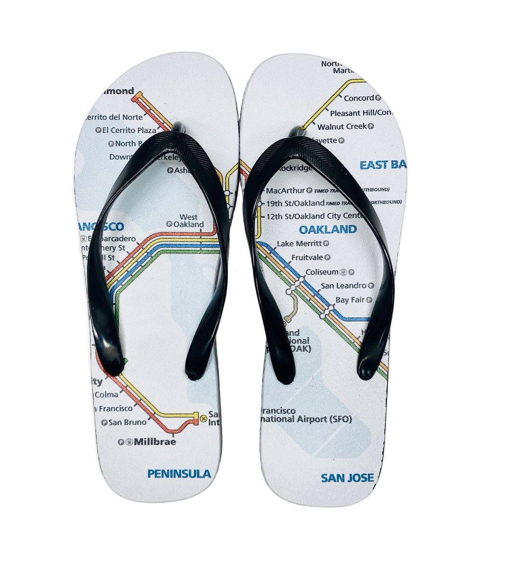SFBART's tweet image. You know it’s almost summer when BART’s new System Map Flip Flops drop on railgoods.com. Kick off the season in style at railgoods.com/bart-flip-flop…. 😎 🔅 🍧 🍉