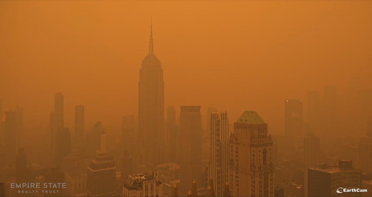 Looks like Armageddon.

Being reported as New York City being shrouded in smoke from the hundreds of wildfires burning in Canada.